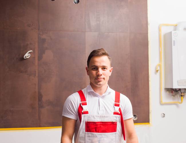 The handsome young plumber in overalls stands against the wall. The man is in the boiler room which is being renovated